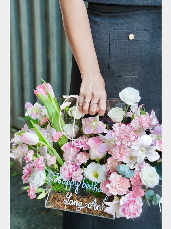 Túi hoa mica - Túi xách hoa mica tone hồng tặng sinh nhật sang trọng độc đáo